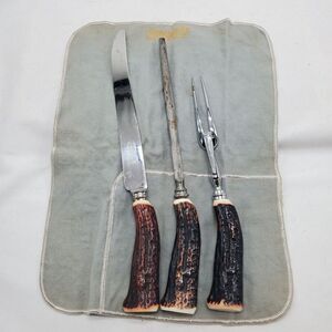 Vintage‎ Sheffield Everbrite Faux Antler 3pc Cutlery Carving Set Made in England